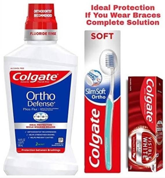 Colgate Ortho brush, Phosflur Mouthwash, Visible white toothpaste Electric Toothbrush