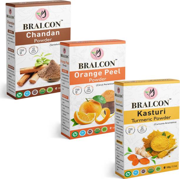BRALCON Organic Chandan, Orange, Kasturi Turmeric/Haldi Powder Combo-(100g x3)|Face Pack