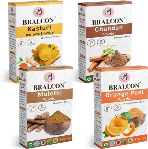 BRALCON Organic Kasturi Turmeric/Haldi, Chandan, Orange, Mulethi Powder Combo-(100g x 4)