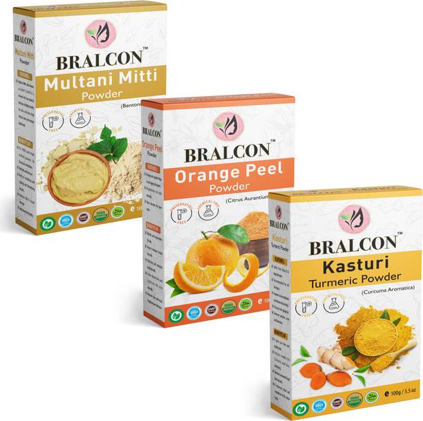 BRALCON Organic Multani Mitti, Orange, Kasturi Turmeric Powder Combo-(100g x3)|Face Pack