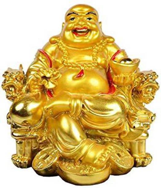 tskutty Laughing Buddha Sitting On Chair Ingot Sitting Laughing Buddha with Money Decorative Showpiece  -  8 cm