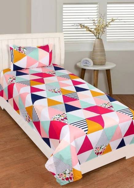 masn Polycotton Single Flat 250 TC Geometric 1 Bedsheet with 2 Pillow Covers