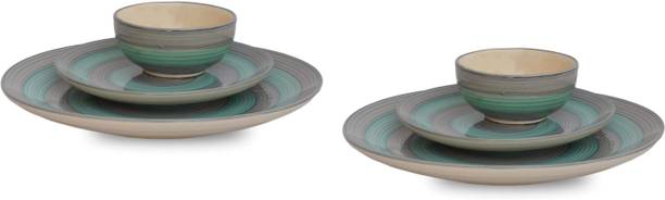VolCraft Pack of 6 Ceramic SeaGreen Grey 2 Dinner & 2 Quarter Plate, 2 Bowl Microwave & Dishwasher Safe Dinner Set