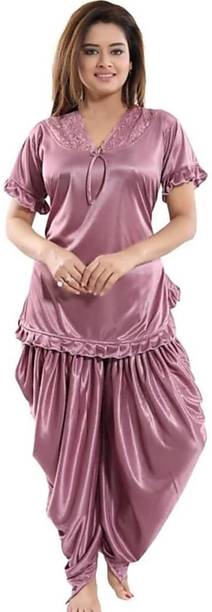 Women Purple Solid Night Suit Set