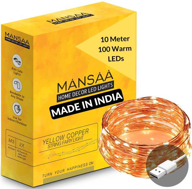 MANSAA 100 LEDs 10 m Yellow Steady Water Drop Rice Lights