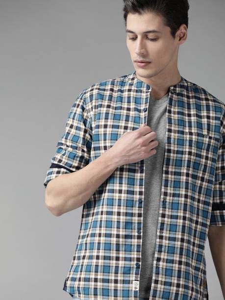 Men Regular Fit Checkered Mandarin Collar Casual Shirt Price in India