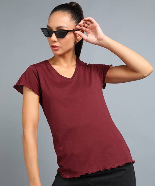 METRONAUT By Flipkart Solid Women V Neck Cotton Blend Maroon T-Shirt