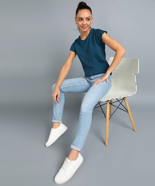 METRONAUT By Flipkart Solid Women Round Neck Cotton Blend Blue T-Shirt