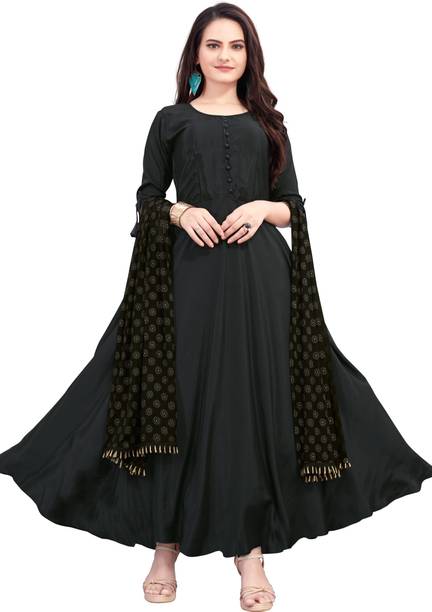 Women Solid Silk Blend Gown Kurta With Attached Dupatta  (Black)