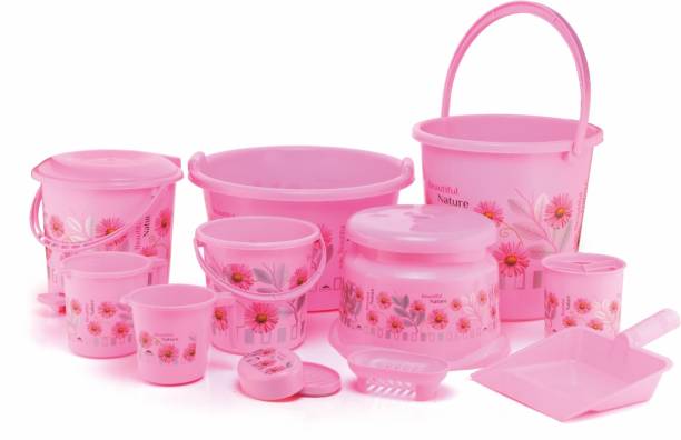 Veksin Printed Bathroom Set Combo Plastic bucket, Tub & Mug Bathroom Set 11 pcs(Pink) 20 L Plastic Bucket