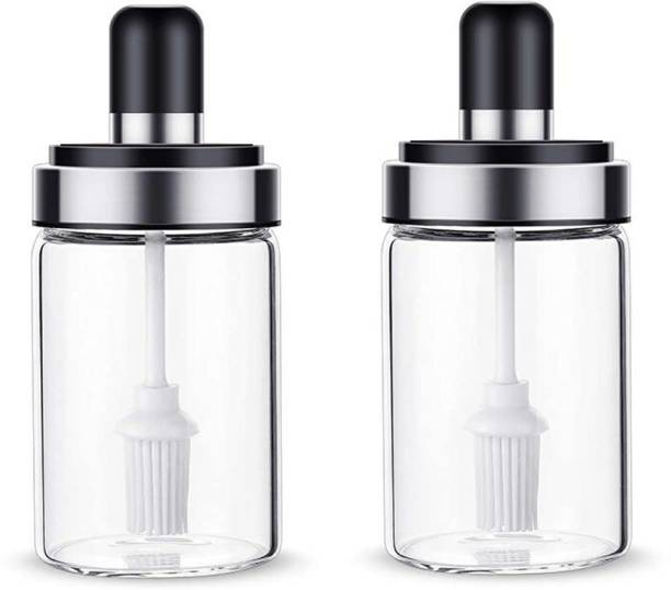 VARUDI Borosilicate Glass Jar with Brush for, ,Oil for Kitchen 2 Piece Set (Glass) Silicon Round Pastry Brush