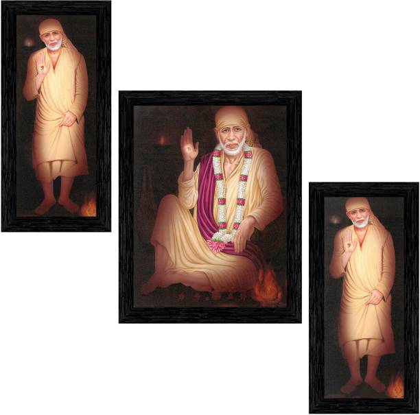 Indianara Set of 3 Sai Baba Framed Art Painting (1748BK) without glass Digital Reprint 13 inch x 10.2 inch Painting