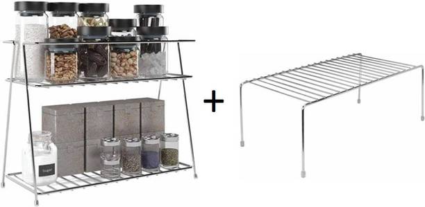 Homedmart Containers Kitchen Rack Steel Presents Combo of Stainless Steel Spice Rack & Multipurpose Steel Dish/Utensil