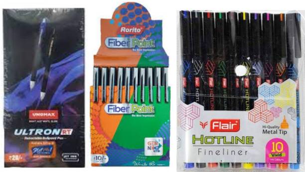 FLAIR Hotline ( 10 pen) , Unomax Ultron RT ( 20 pens) &amp; Rorito fiber point ( 10 pens) Ball Pen