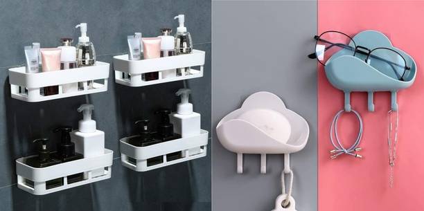 Qrex Home Traditional Accessories Wall Shelves With Key type Soap Holder With Sticker Plastic Kitchen Cabinet