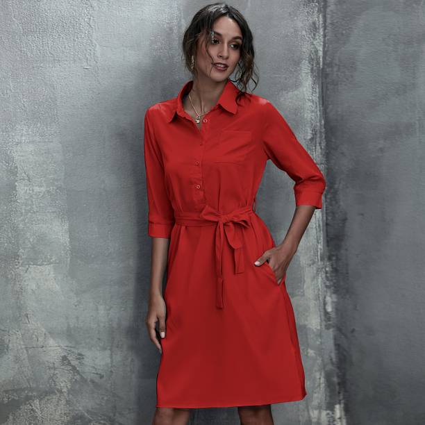 Urbanic Women Shirt Red Knee Length Dress
