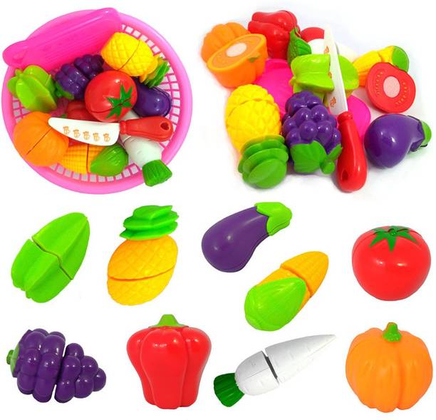 PRANSO 12 Pcs Cutting Fruits and Vegetables Play Food Kitchen Toys For Kids with Basket