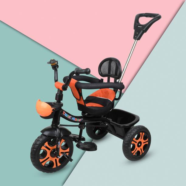 TOYSHOPPEE Parent Handle Tricycle With Soft Seat,Front-Back Basket,Safety Harness,Footrest KIDS BEST TRIKE FOR 1-4 YEARS BABY Tricycle