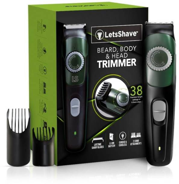 LetsShave & Co. Beard, Body & Head Trimmer with Lithium-ion Battery, Cordless, Stainless Steel Blade, 38 length settings, Fast charging  Runtime: 90 min Trimmer for Men & Women