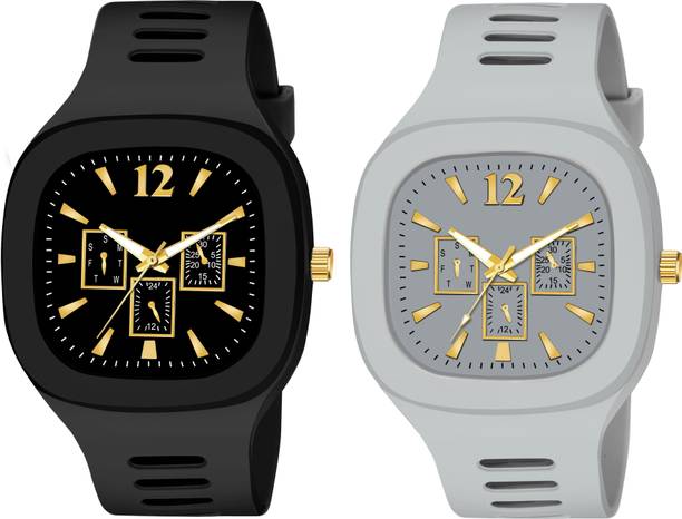 Analog Watch  - For Men New Combo Of Square Dial Black and Grey Silicone Strap