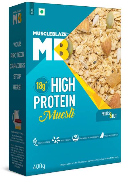 MuscleBlaze High Protein Muesli, 18.79 g Protein, with Superseeds, Raisins & Almonds, Ready to Eat Healthy Snack Box