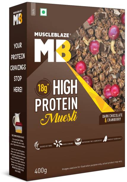 MuscleBlaze High Protein Muesli, 19.63 g Protein, with Superseeds, Raisins & Almonds, Ready to Eat Healthy Snack Box