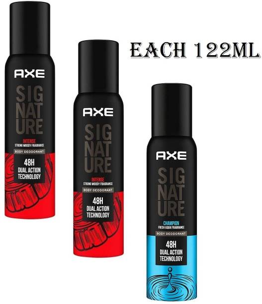 AXE SIGNATURE 2 INTENSE & 1 CHAMPION PERFUME BODY SPRAY EACH 122ML Pack of 3 Perfume Body Spray  -  For Men & Women