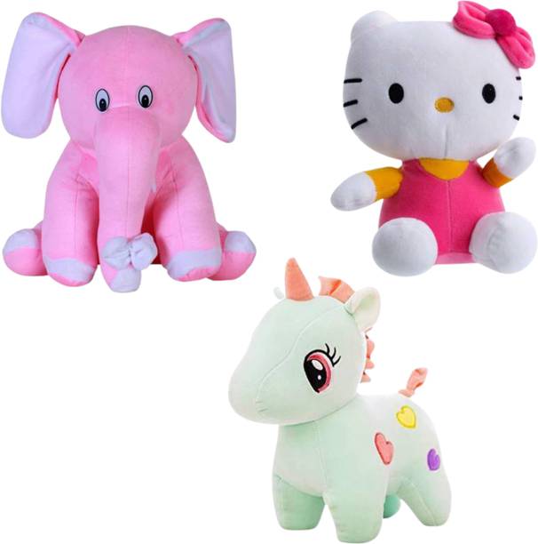 Toyhaven Combo of SITTING ELEPHANT, UNICORN, HELLO KITTY/ plush toyS  - 25 cm