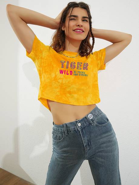 Urbanic Tie & Dye Women Round Neck Yellow T-Shirt