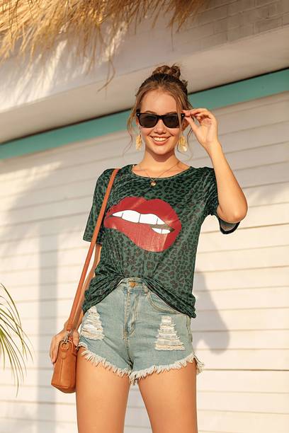 Urbanic Animal Print Women Round Neck Green T-Shirt