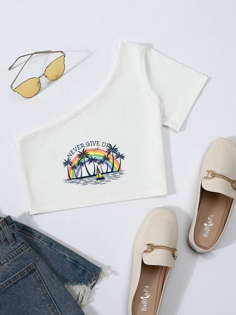 Urbanic Printed Women Round Neck White T-Shirt