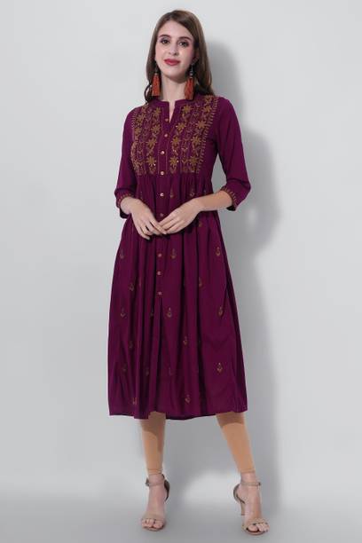 Purvija Kurties Women Embroidered Cotton Blend Flared Kurta (Purp