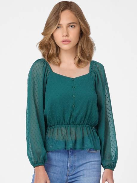 Casual Regular Sleeves Self Design Women Green Top