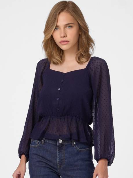 Casual Regular Sleeves Self Design Women Dark Blue Top