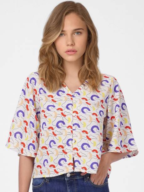 Casual Flared Sleeves Graphic Print, Printed Women Multicolor Top