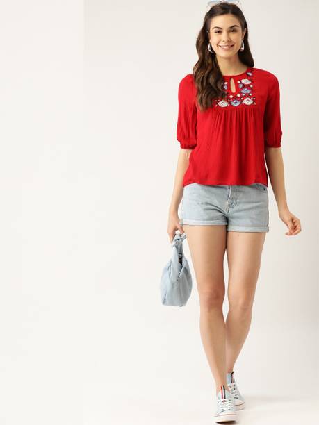 Casual Puff Sleeves Embroidered Women Red Top