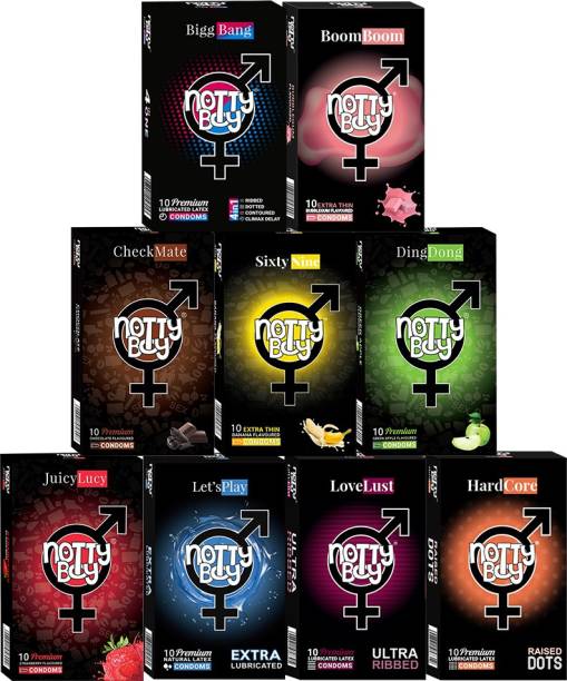 NottyBoy Variety Honeymoon Pack - Extra Dotted, Ribbed, Climax Delay, Contoured, Ultra Thin, Extra Lubricated and Three Flavoured Condom