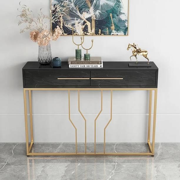 NG Decor Narrow Console Table with Drawers Wood Top in Black Meta