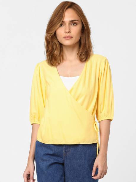 Casual Puff Sleeves Solid Women Yellow Top