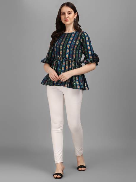 Casual Ruffled Sleeves Printed Women Blue Top