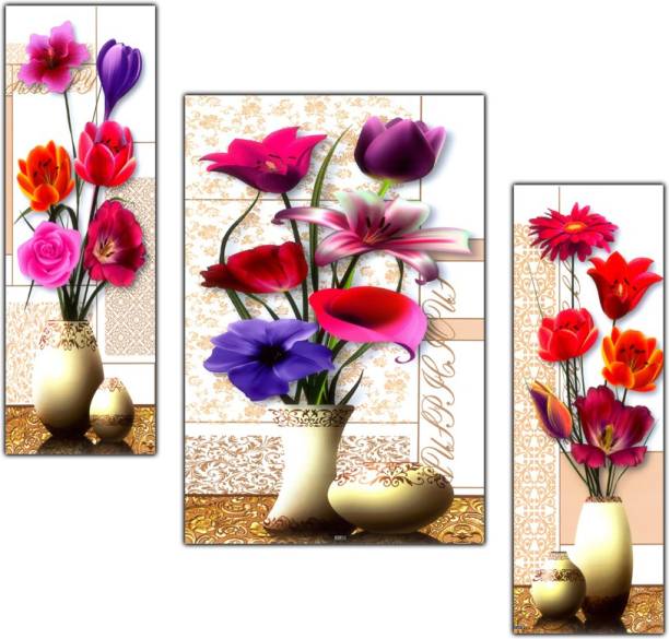 pnf Floral Flower Set of 3 MDF Panel-0858- Digital Reprint 18 inch x 18 inch Painting