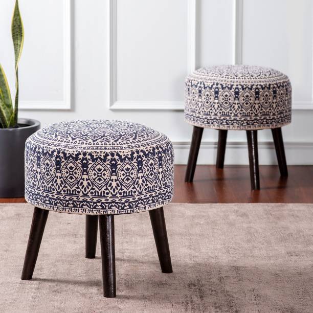 nestroots Sitting Stool for Living Room Furniture Set of 2 Ottoman pouffes for Sitting | Wooden Small Printed Puffy Foot Stool Home Furniture (17 inch Blue) Stool