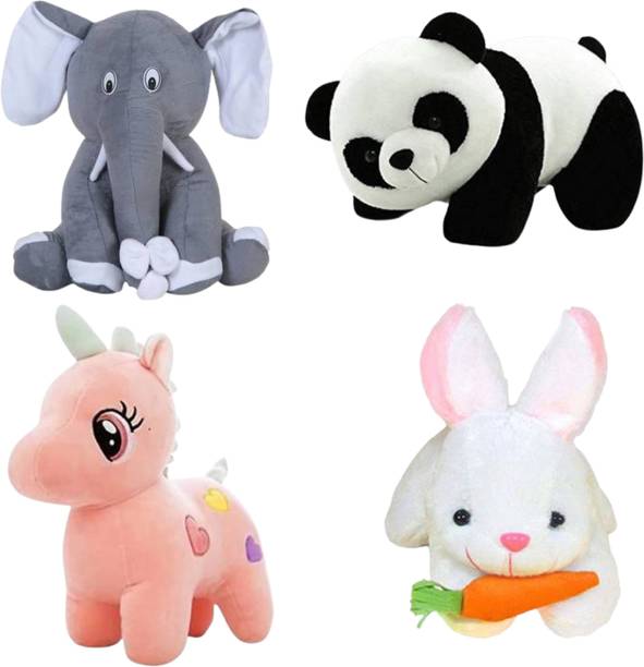 Toyhaven Combo of sitting elephant, unicorn , rabbit and panda  - 25 cm