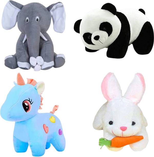 Toyhaven pack of sitting elephant, unicorn , rabbit and panda  - 25 cm