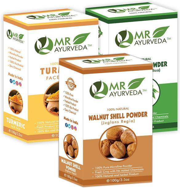 MR Ayurveda Walnut Shell Powder, Turmeric Face Pack Powder & Neem Powder - Pack of 3