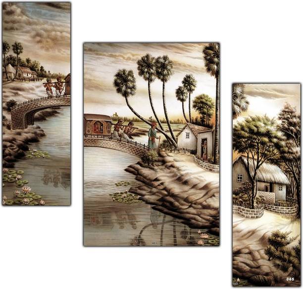 pnf Hand Painting Landscape Scenery Set of 3 MDF Panel-1405- Digital Reprint 12 inch x 9 inch Painting