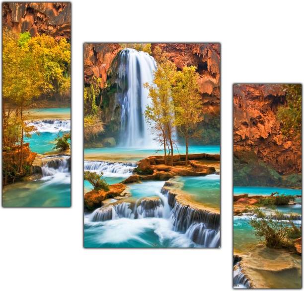 PnF Vastu Waterfall Natural Landscape Scenery Set of 3 MDF Panel-1249- डिजिटल रीप्रिंट 12 inch x 18 inch पेंटिंग