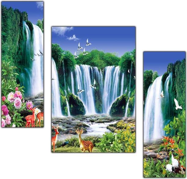 पीएनएफ Vastu Waterfall Natural Landscape Scenery Set of 3 MDF Panel-1314- डिजिटल रीप्रिंट 12 inch x 18 inch पेंटिंग