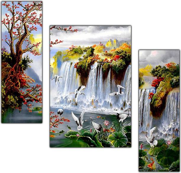 pnf Vastu Waterfall Natural Landscape Scenery Set of 3 MDF Panel-1445- Digital Reprint 12 inch x 18 inch Painting