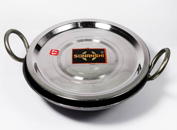 Sonanshi Iron/loha Kadhai Ideal for Cooking/Frying with Stainless Steel LID Kadhai 26.02 cm diameter with Lid 1.8 L capacity